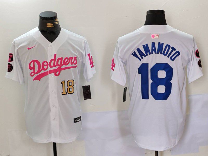 Men Los Angeles Dodgers #18 Yamamoto White pink joint name 2024 Nike MLB Jersey style 4